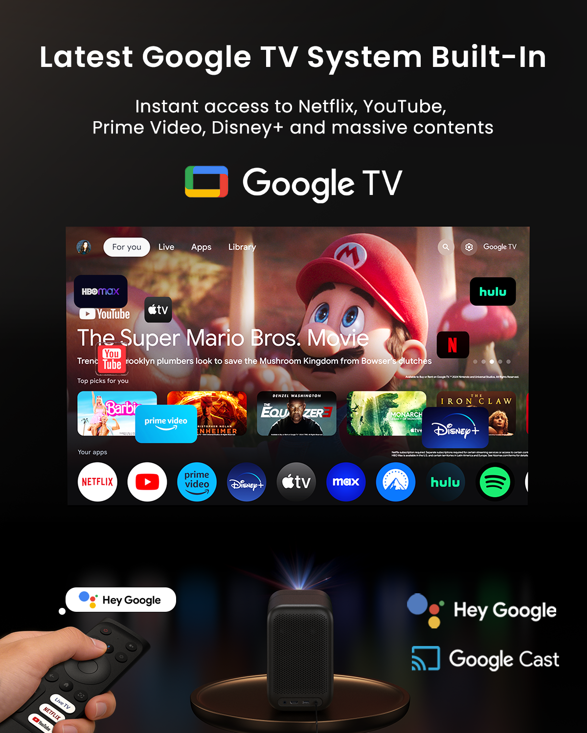 WEMAX VP04 Smart Google TV Projector with Licensed Netflix, 4K Decoding, 500 ISO Lumens, Outdoor Movie Projector with WiFi and Bluetooth, FHD 1080P Projector for Home Theater with 10W Dolby Audio Speaker