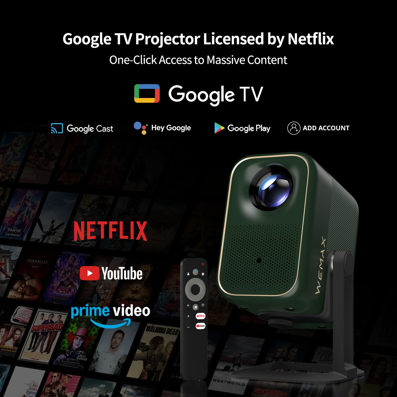 WEMAX Google TV projector, Netflix Licensed 1080P Native Smart Movie Projector with 210°Adjustable Stand, 4K Support Portable Projector with Wifi and Bluetooth, Dolby Audio for Home, Theater, Outdoor