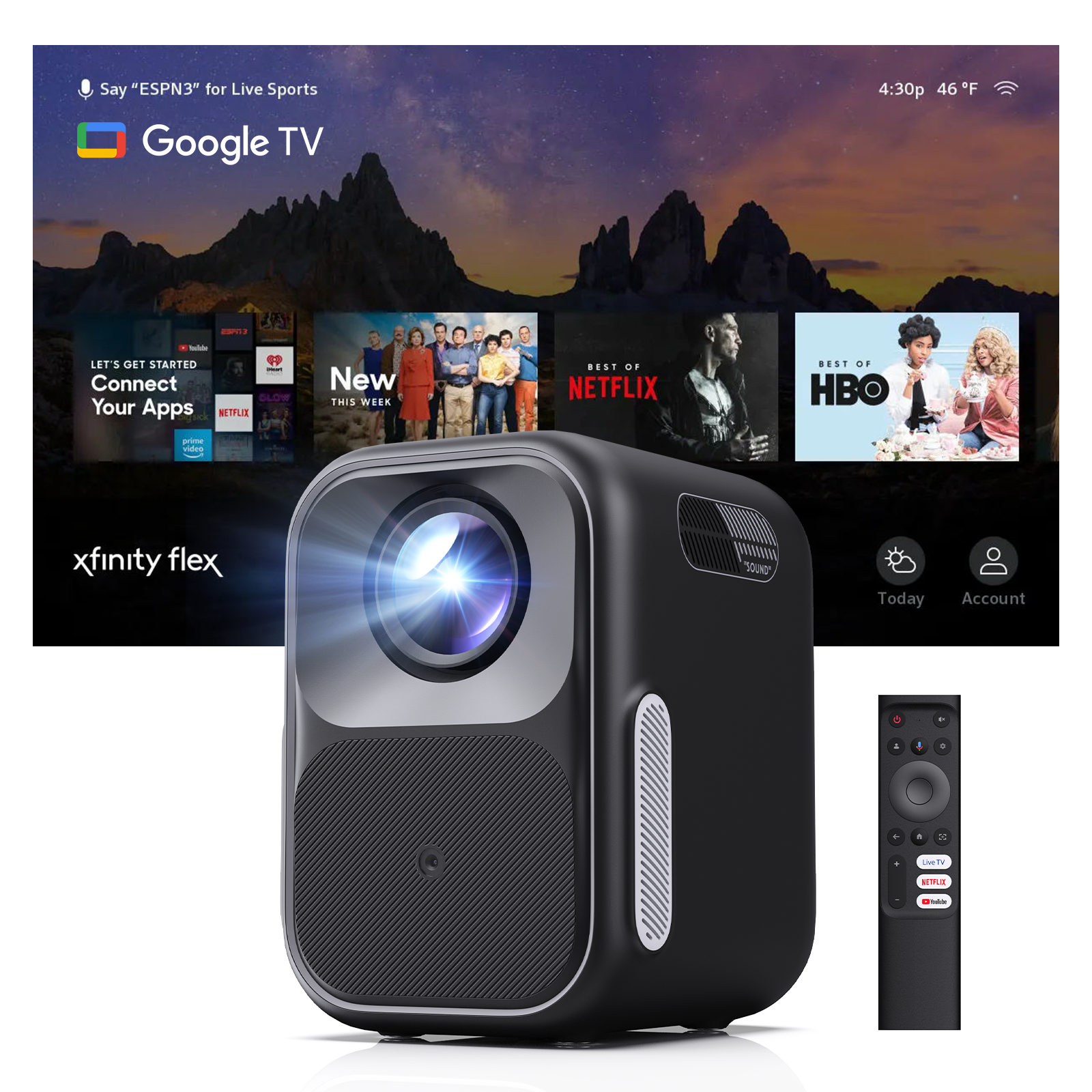 WEMAX VP03 Google TV Smart Projector with Licensed Netflix, FHD 1080P, 4K Supported Projector with WIFI and Bluetooth, Portable Outdoor Movie Projector, Dolby Audio, Bedroom Home Theater, Dual Speakers