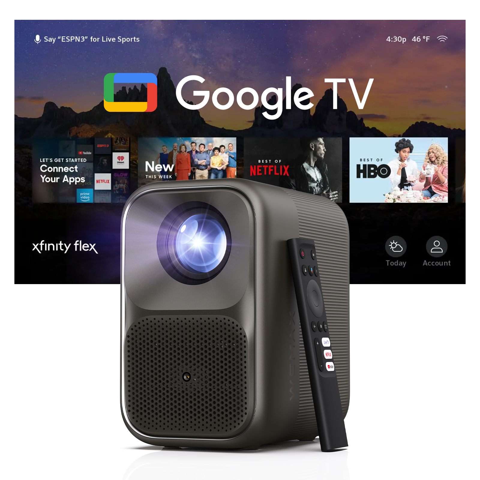 WEMAX VP04 Smart Google TV Projector with Licensed Netflix, 4K Decoding, 500 ISO Lumens, Outdoor Movie Projector with WiFi and Bluetooth, FHD 1080P Projector for Home Theater with 10W Dolby Audio Speaker