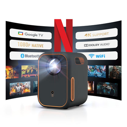 WEMAX Google TV Projector, Netflix Officially Licensed 4K Support, Mini Projector with Wifi and Bluetooth, Smart Movie Projector for Home Theater, 1080P Full HD, MAX 120" Display, Dolby Audio